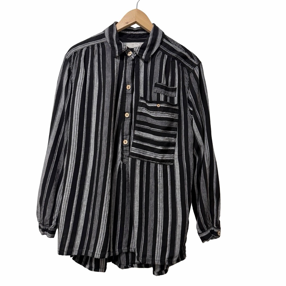 Free People Gallaway Striped Linen Blend Popover Top Size M Black Boho Oversized
